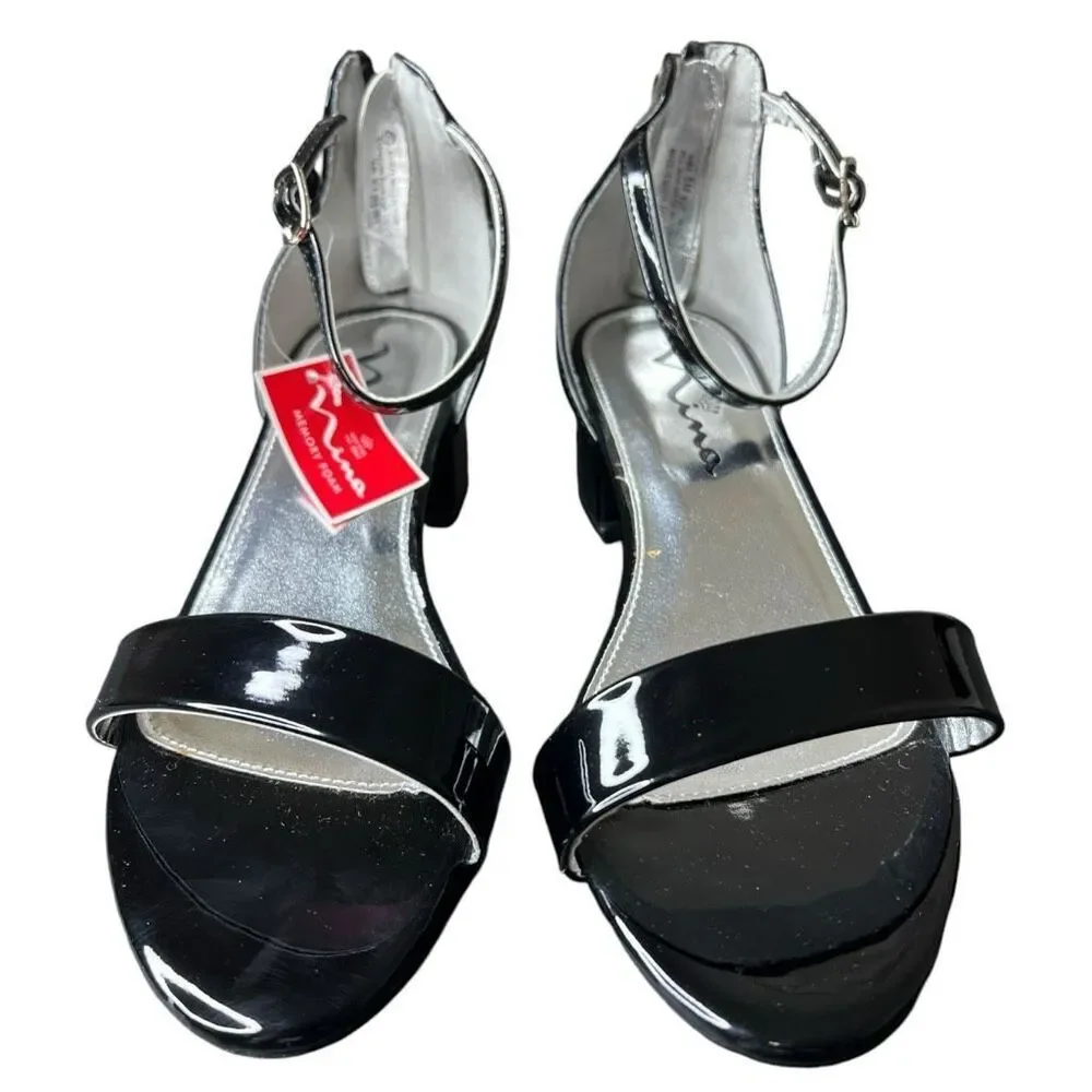 NEW Nina Hidi Black Patent Block Heel Sandal 5M